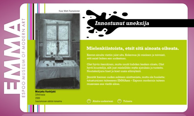 My result - Innostunut uneksija (translation provided in the blog text)