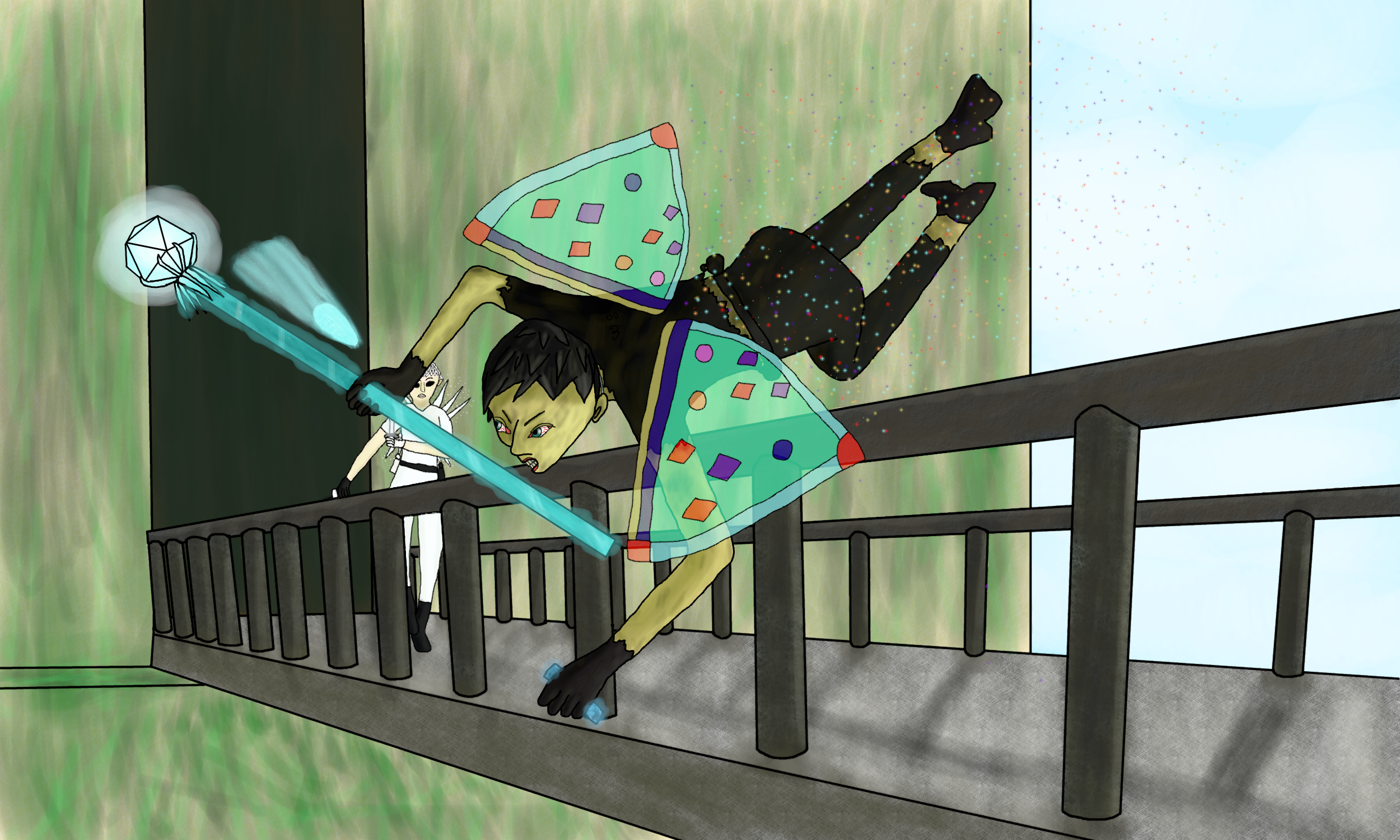 A thief fairy is jumping off the bridge with a stolen scroll and a staff that's shooting at a pursuing guard fairy.